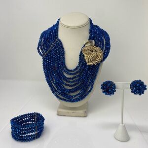 Elegant Blue Beaded Necklace Set with Gold Details